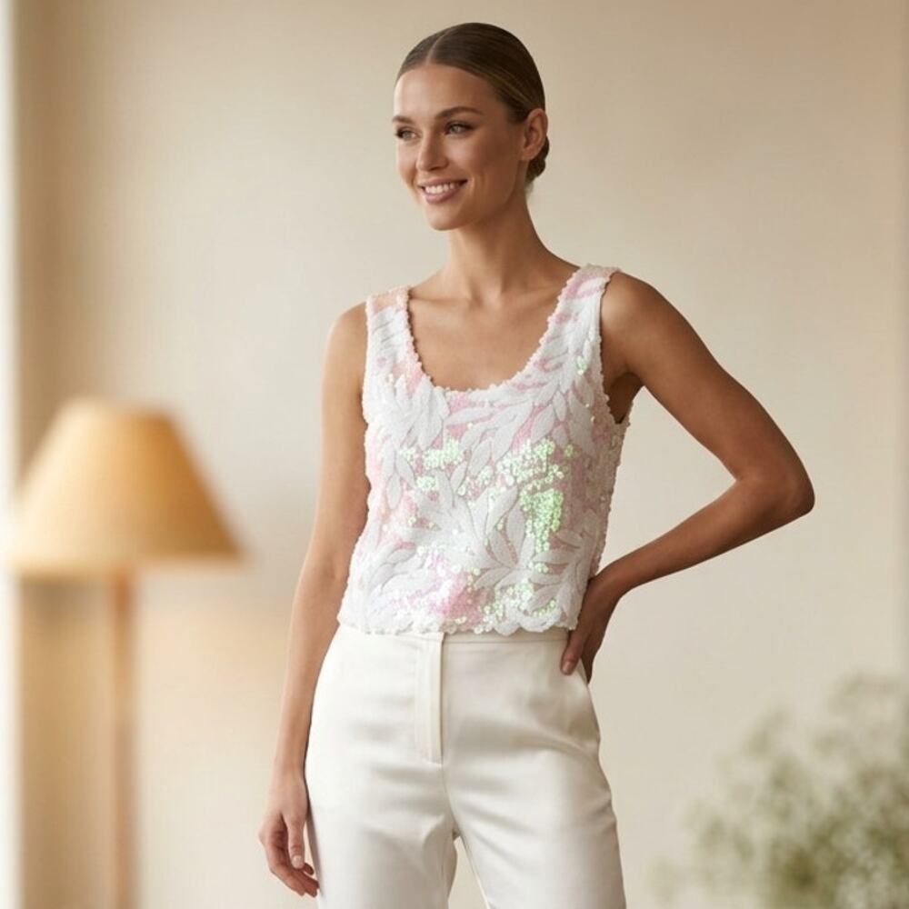 Vintage Sequin Top Womens M White & Iridescent Pink Embellished Lined - Picture 1 of 7